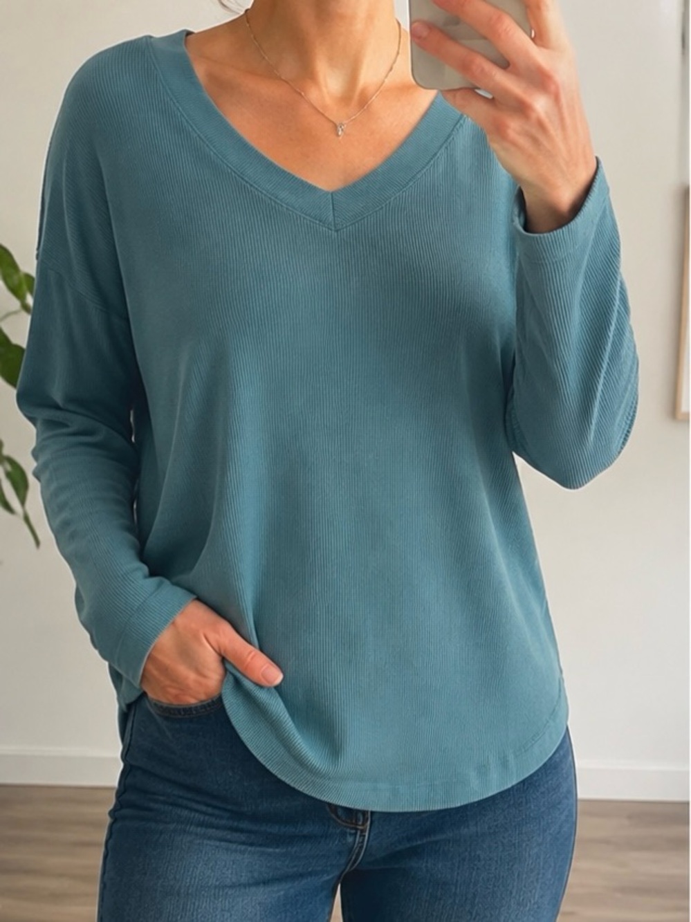 Athleta Long Sleeve Ribbed V-Neck Top Oxide Green Modal Blend Relaxed Fit